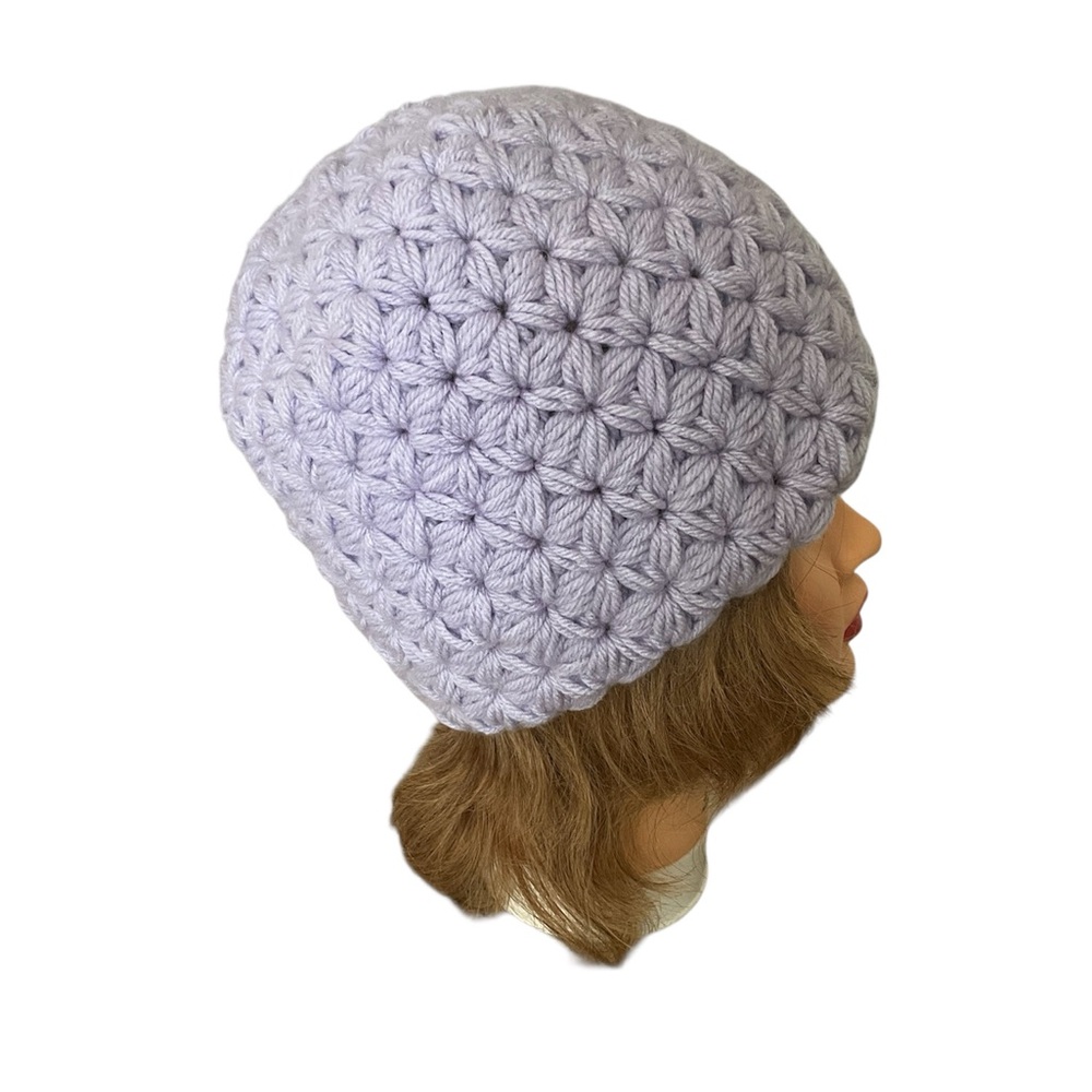 Handmade adult crochet hat in lavender with flower star jasmine design